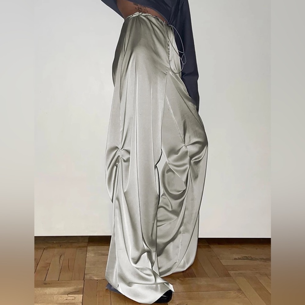 Heather Grey Silver Wide Satin Pant With Adjustable Cinch Ties